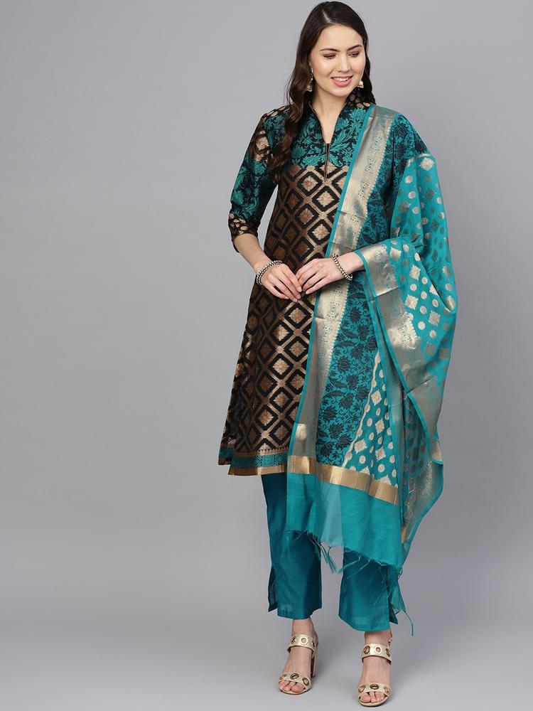 Chhabra 555 Women Black & Teal Blue Woven Design Kurta with Palazzos & Dupatta