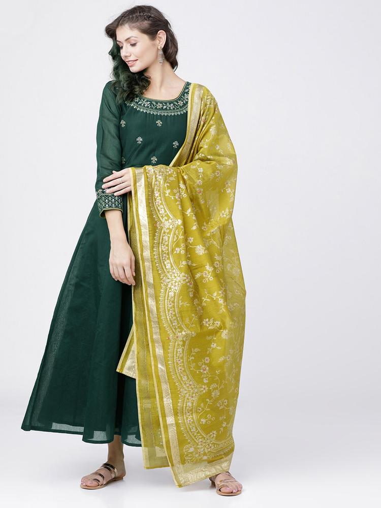 Vishudh Green & Gold-Toned Printed Dupatta