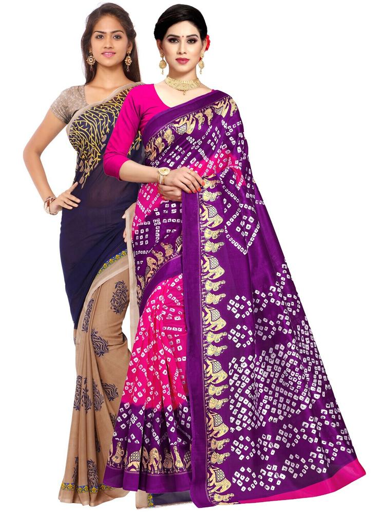 KALINI Pack Of 2 Navy Blue & Purple Floral Sarees