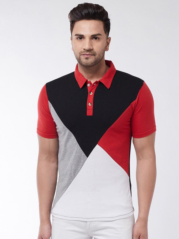 GRITSTONES Men Red & White Colourblocked Polo Collar T-shirt