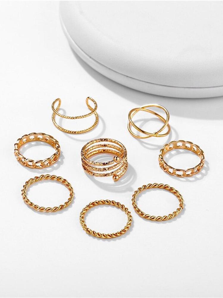 Shining Diva Fashion Set Of 8 Gold-Plated Crystal Studded Boho Midi Finger Rings