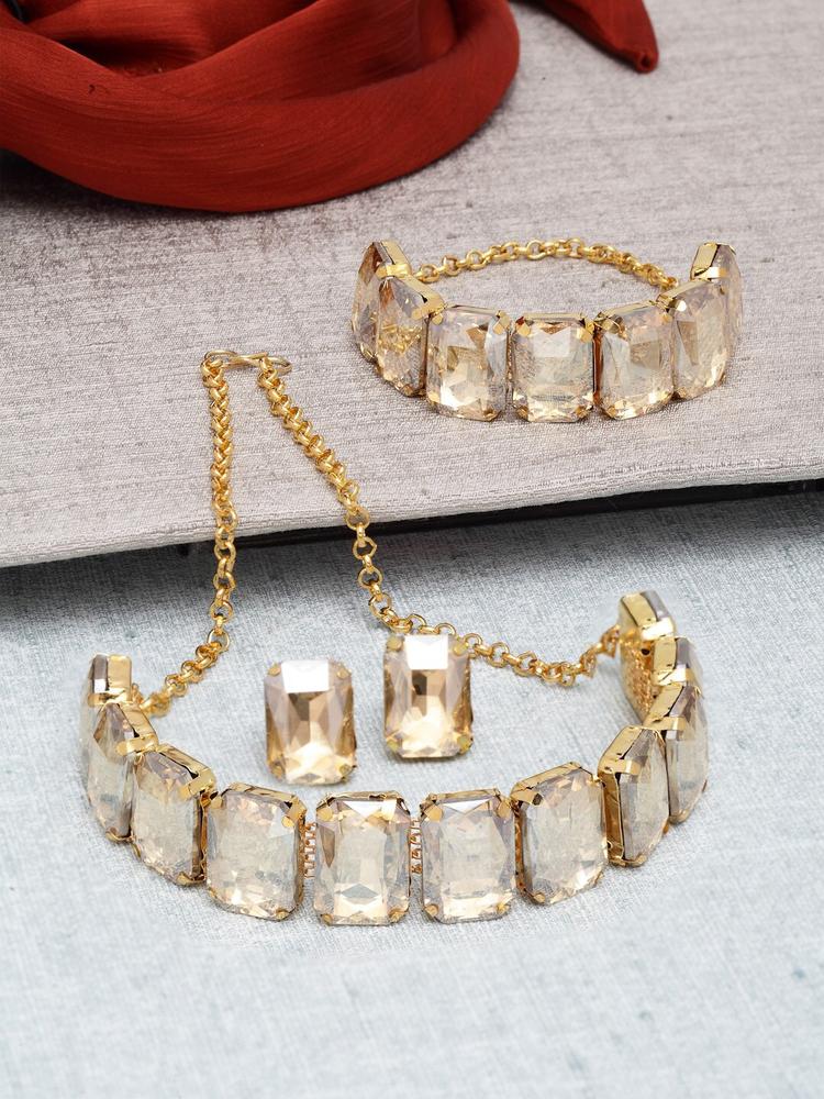 Shining Diva Gold-Plated & Off-White Crystal-Studded Choker Jewellery Set