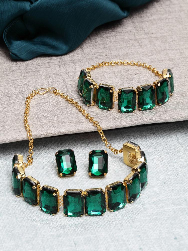 Shining Diva Gold-Plated & Green Crystal-Studded Choker Jewellery Set