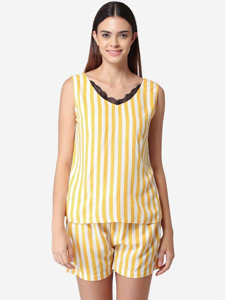 Fluffalump Women Yellow & White Striped Night suit