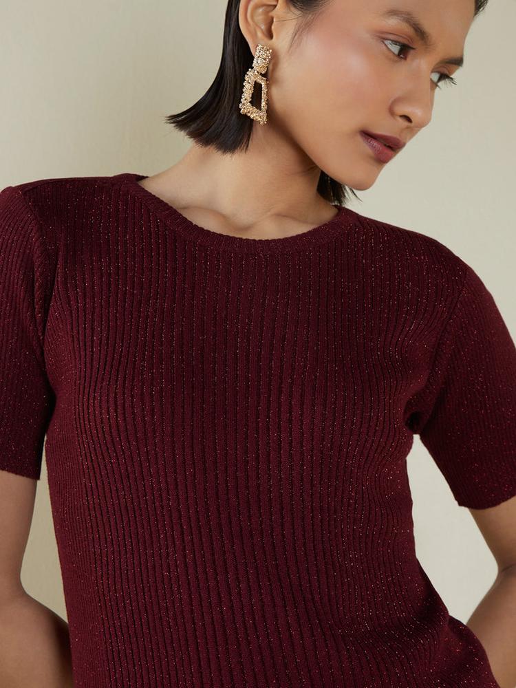 Wardrobe Red Shimmering Ribbed Amaze Top
