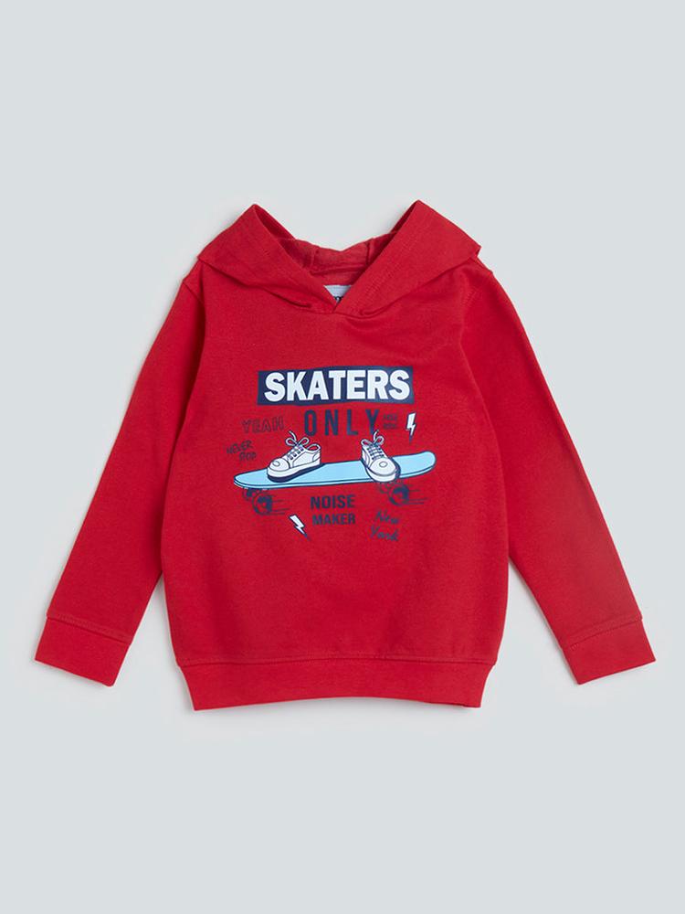 HOP Kids Red Printed Sweatshirt with Hood