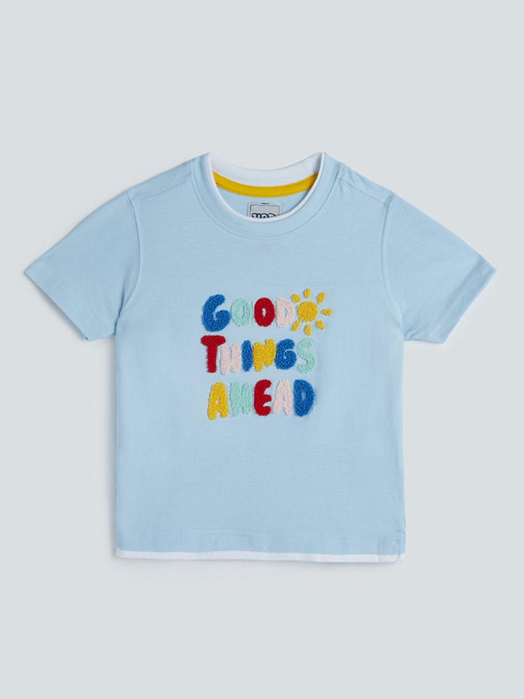 HOP Kids Light Blue Text Patterned T-Shirt