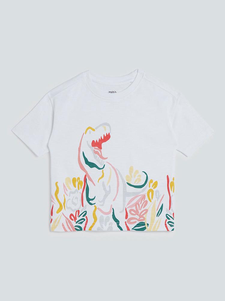 HOP Kids White Dinosaur Print T-Shirt