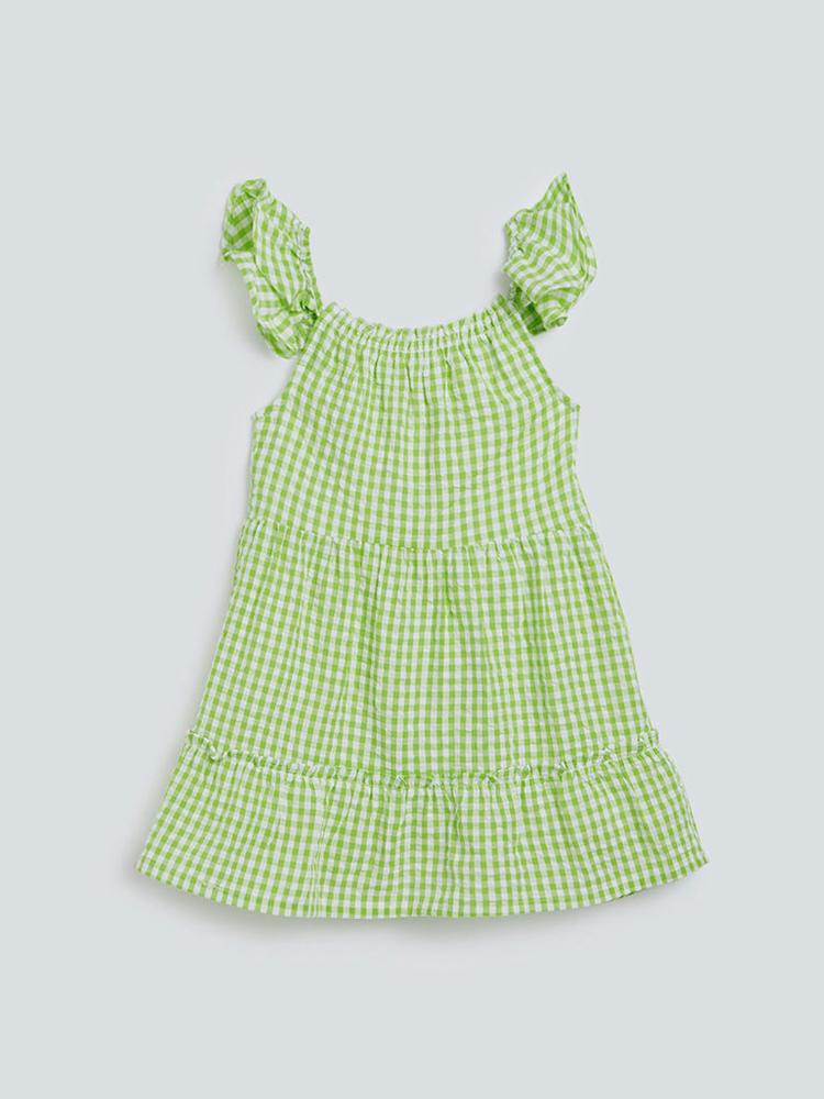 HOP Kids Green Check Printed Dress