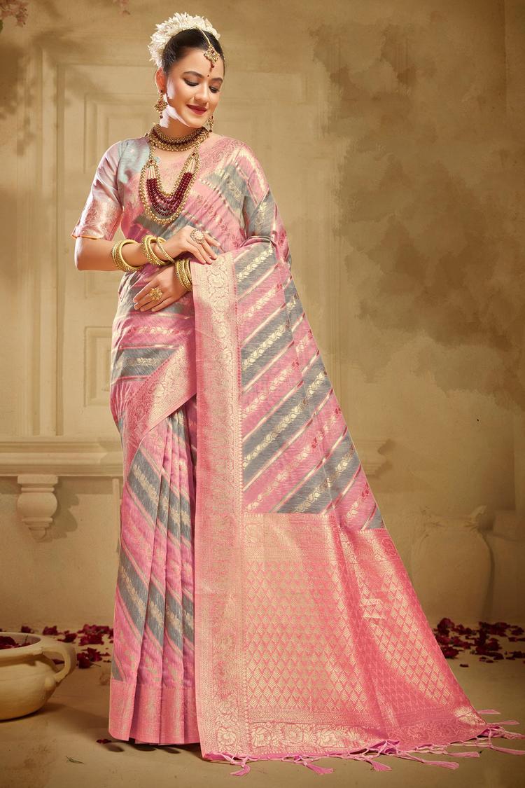 Pink & Grey Linen Saree With Zari Weaving Work