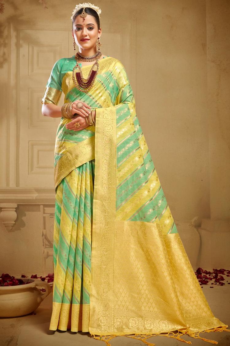 Yellow & Sea Green Linen Saree With Zari Weaving Work