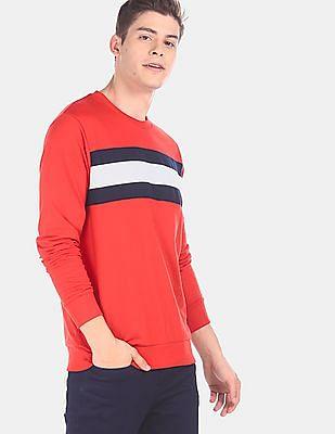 Men Red Ribbed Crew Neck Contrast Panel Sweat Shirt