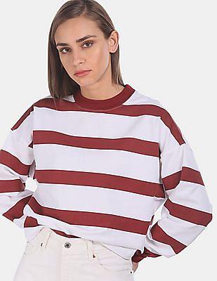 White And Maroon Crew Neck Striped Sweatshirt