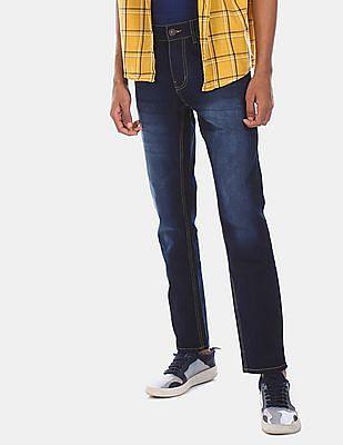 Men Navy Mid Rise Stone Washed And Whiskered Jeans