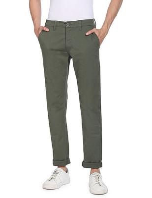 Men Olive Mid Rise Solid Casual Trousers