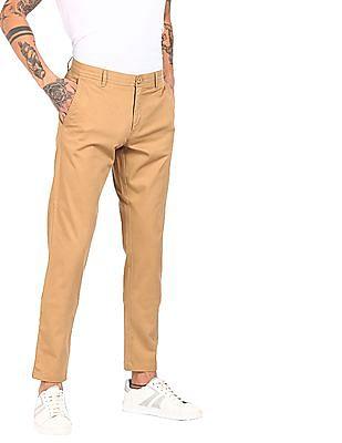 Men Khaki Mid Rise Flat Front Solid Casual Trousers