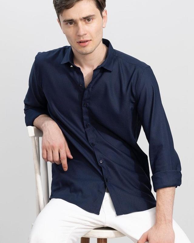 Men's Blue Horizontal Chord Striped Slim Fit Shirt