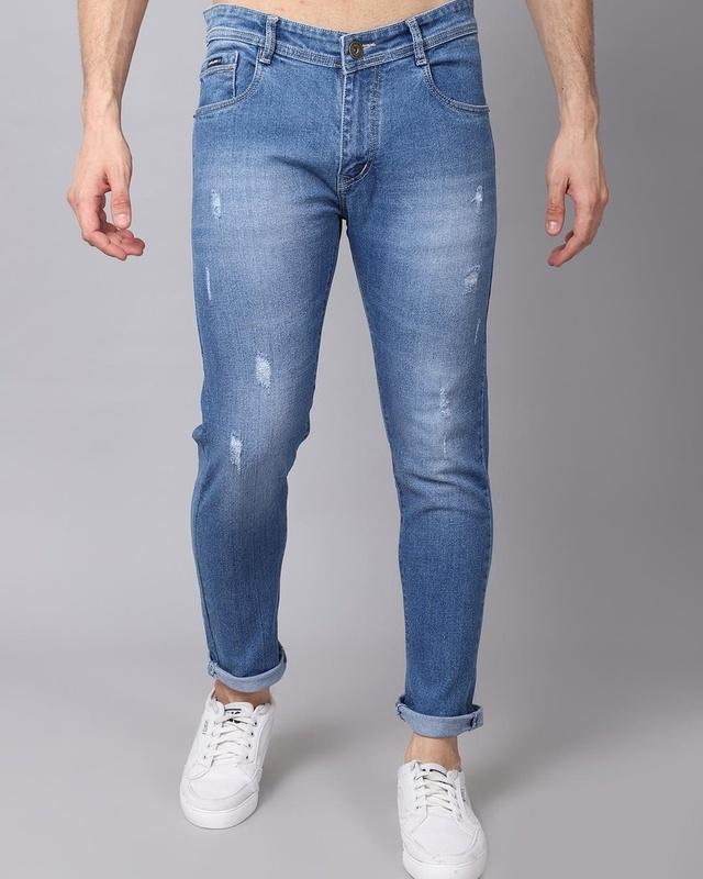 Men's Blue Washed Distressed Slim Fit Jeans