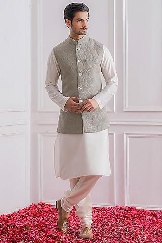 Ivory Kurta Set With Ash Grey Nehru Jacket