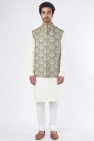 Mehndi Green Silk Embroidered Bundi Jacket