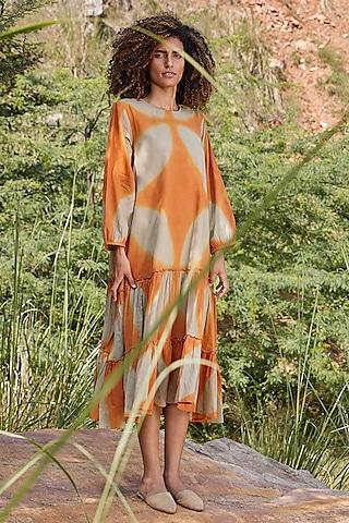 Orange & Beige Dyed Printed Midi Dress