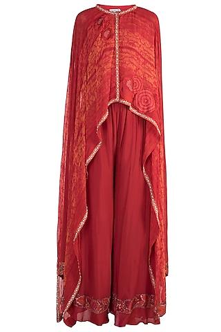 Tomato Red Printed Embroidered Top With Palazzo Pants