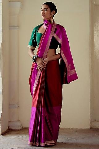 Magenta & Red Silk Woven Saree Set