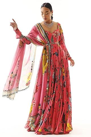 Pink Satin Organza Printed & Embroidered Anarkali Set