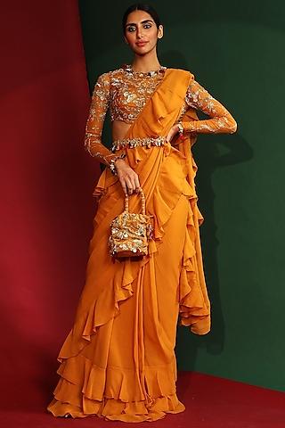 Marigold Yellow Georgette Ruffled Pre-Draped Saree Set