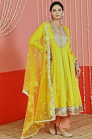 Yellow Chanderi Blend Embroidered Anarkali Set