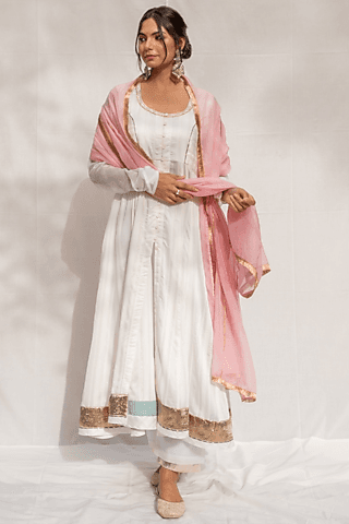 White Chanderi Blend Anarkali Set