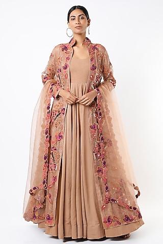 Peach Anarkali Set With Embroidered Jacket
