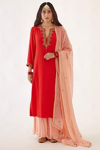 Coral Red Embroidered Kurta Set