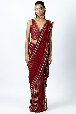 Red Hand Embroidered Draped Saree Set