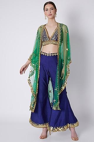 Royal Blue & Emerald Green Embroidered Cape Set