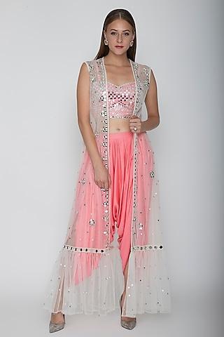 Blush Pink Embroidered Blouse With Dhoti Pants & White Cape