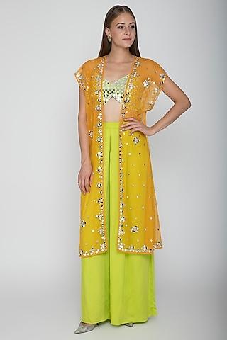 Lime Green Embroidered Blouse With Palazzo Pants & Orange Cape