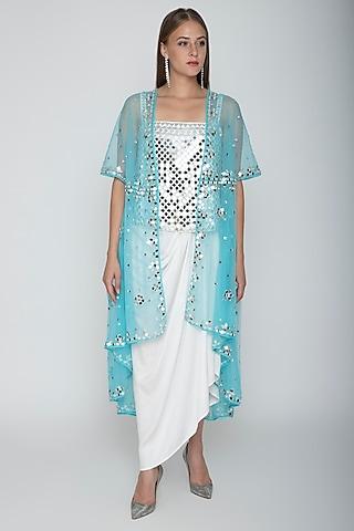 White Embroidered Blouse With Dhoti Skirt & Sky Blue Cape