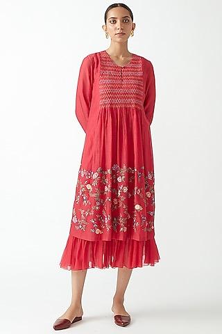 Fuchsia Embroidered Smocked Dress