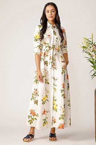 Ecru Floral Printed Front Open Maxi Dress