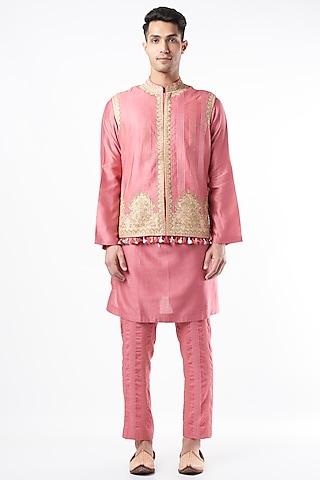 Pink Chanderi Handloom Kurta Set With Jacket