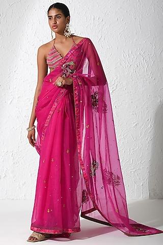 Hot Pink Organza Embroidered Saree Set