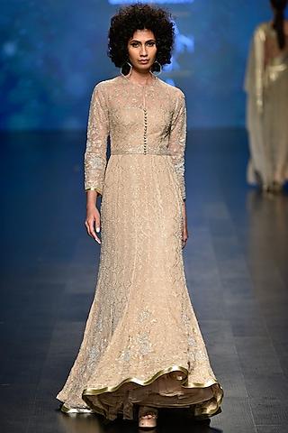 Pale Gold Sequins and Beads Embroidered Gown