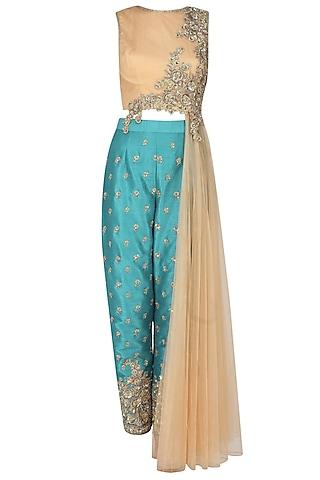 Gold jewel embroidered side palla top with turquoise trousers