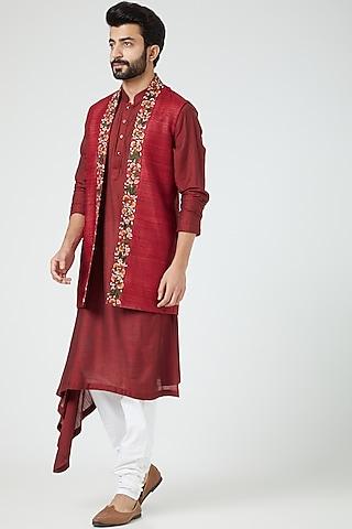 Red Embroidered Jacket With Kurta Set