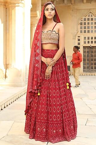 Ruby Red Lucknowi Chikankari Lehenga Set