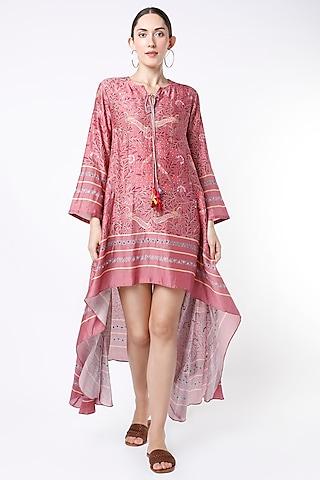 Rose Pink Block Printed & Hand Embroidered Asymmetrical Tunic
