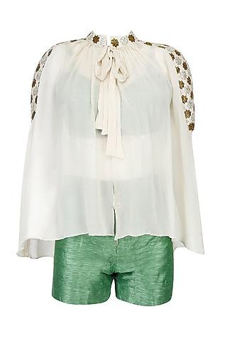 Beige Embroidered Tie Up Cape With Olive Green Bustier And Shorts