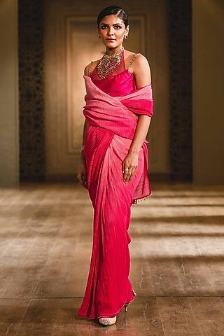 Coral Saree With Draped Blouse