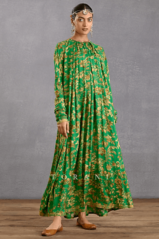 Rich Green Slub Silk Digital Printed Maxi Dress